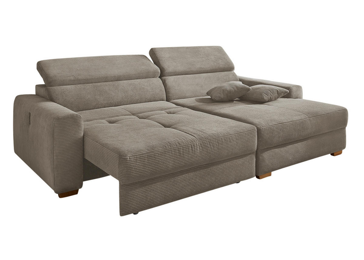 ECKSOFA mit elektrischer Sitztiefenverstellung, Kopflehnen verstellbar, USB-A und USB-C Ladefunktion B277/T187/H109 cm, Cord Braun Taupe / 15401 - Taupe/Eichefarben, Eichenholz/Textil (277/187cm) - luma-home