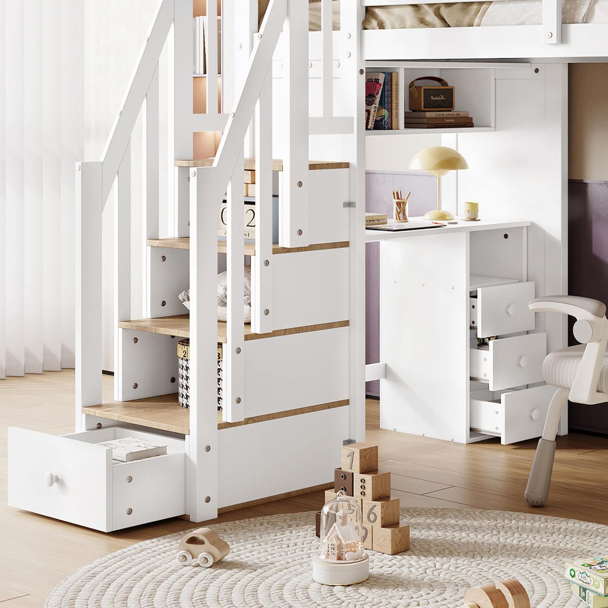 ETAGENBETT 90/200 cm Weiß+Natur mit Schreibtisch und Stauraumtreppe - Weiß, Holzwerkstoff (90/200cm) - OKWISH