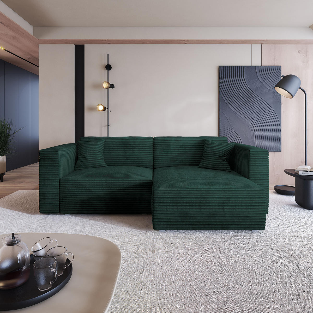 ECKSOFA NERIO Grün Kordstoff mit Schlaffunktion - Grün, Holz (245/148cm) - MASSENO