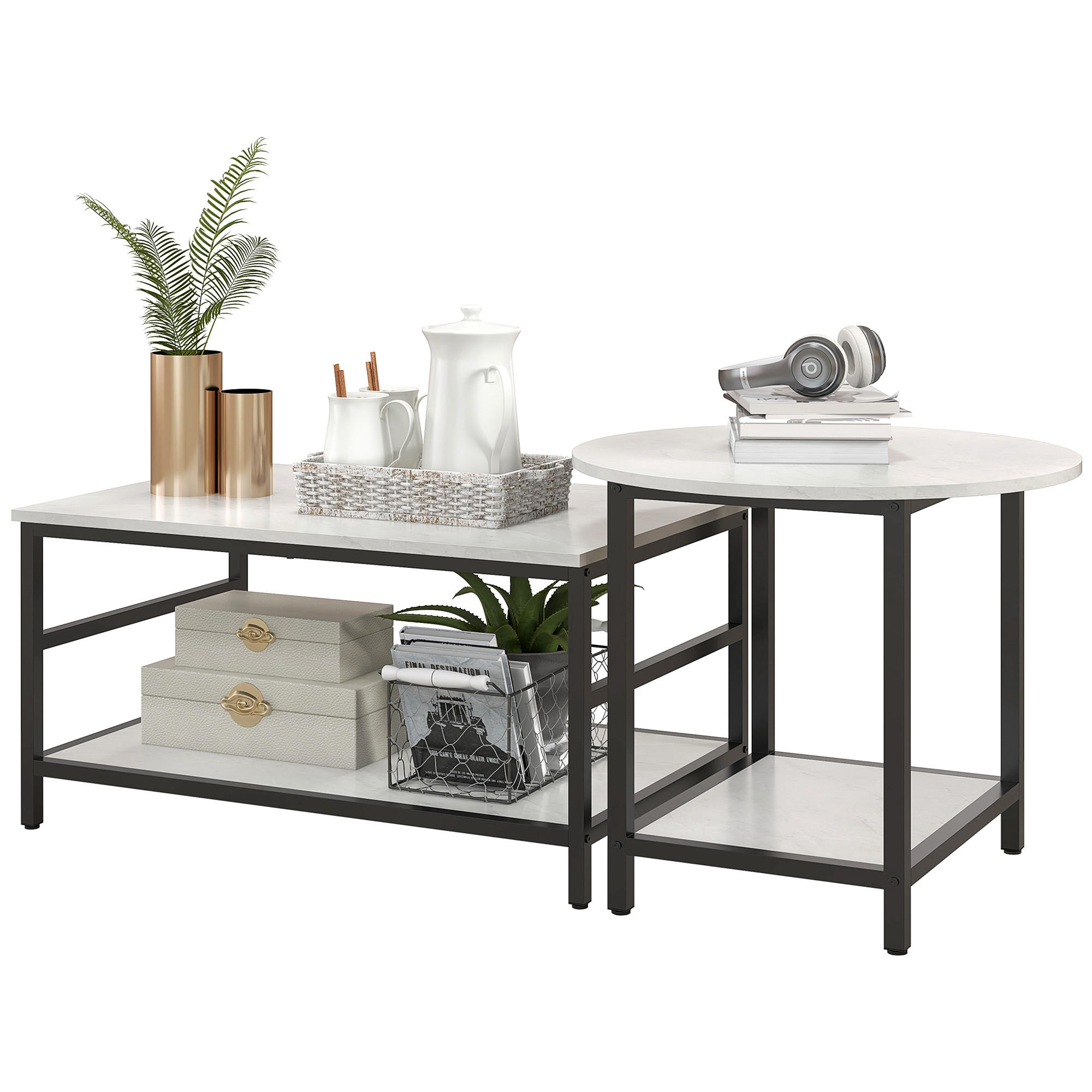 COUCHTISCH-SET, 2 Tische, Schwarz/Weiß - Schwarz, Metall (60/80/51cm) - furnicato
