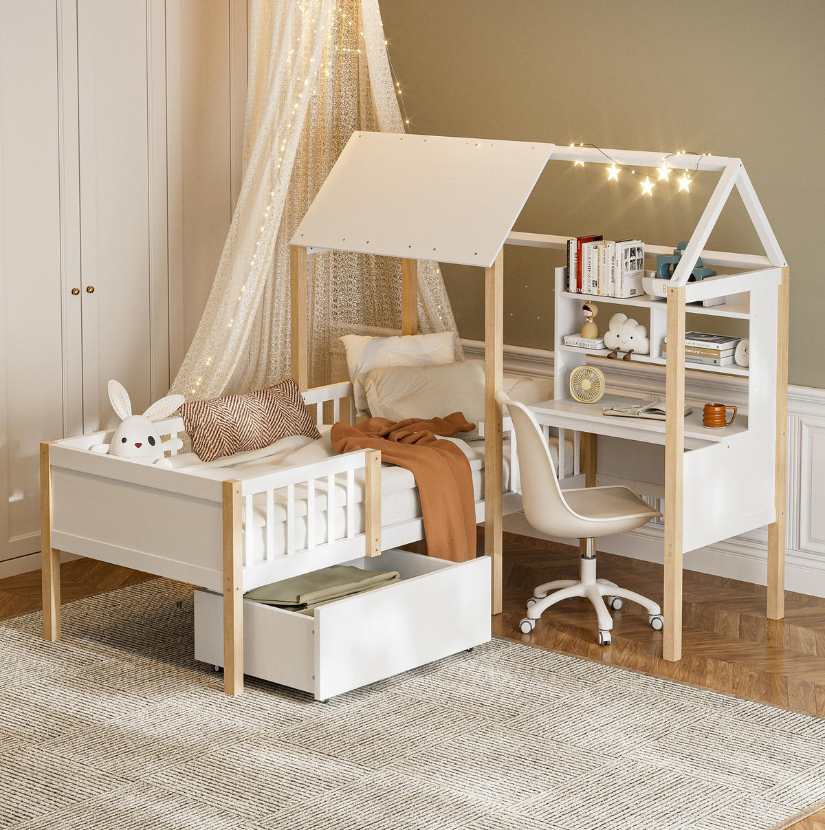 HAUSBETT 90/200 cm weiß mit Rausfallschutz und L-förmigem Schreibtisch - Weiß, Holz (90/200cm) - OKWISH