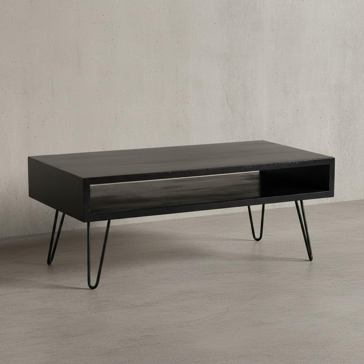 COUCHTISCH Mango Massivholz Metall 100x50x40cm mit Stauraum und Haarnadelbeinen - Schwarz, Holz/Metall (50/100/40cm) - KADIMA DESIGN