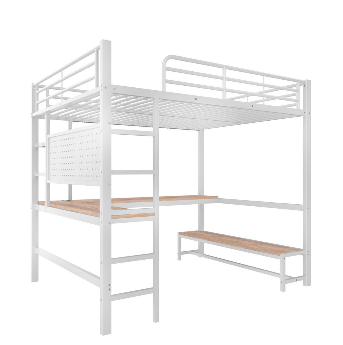 HOCHBETT 140/200 cm mit Schreibtisch, Regalen, Lochwand, LED, USB-C, Metall/MDF, Weiß - Weiß, Metall (140/200cm) - Redom