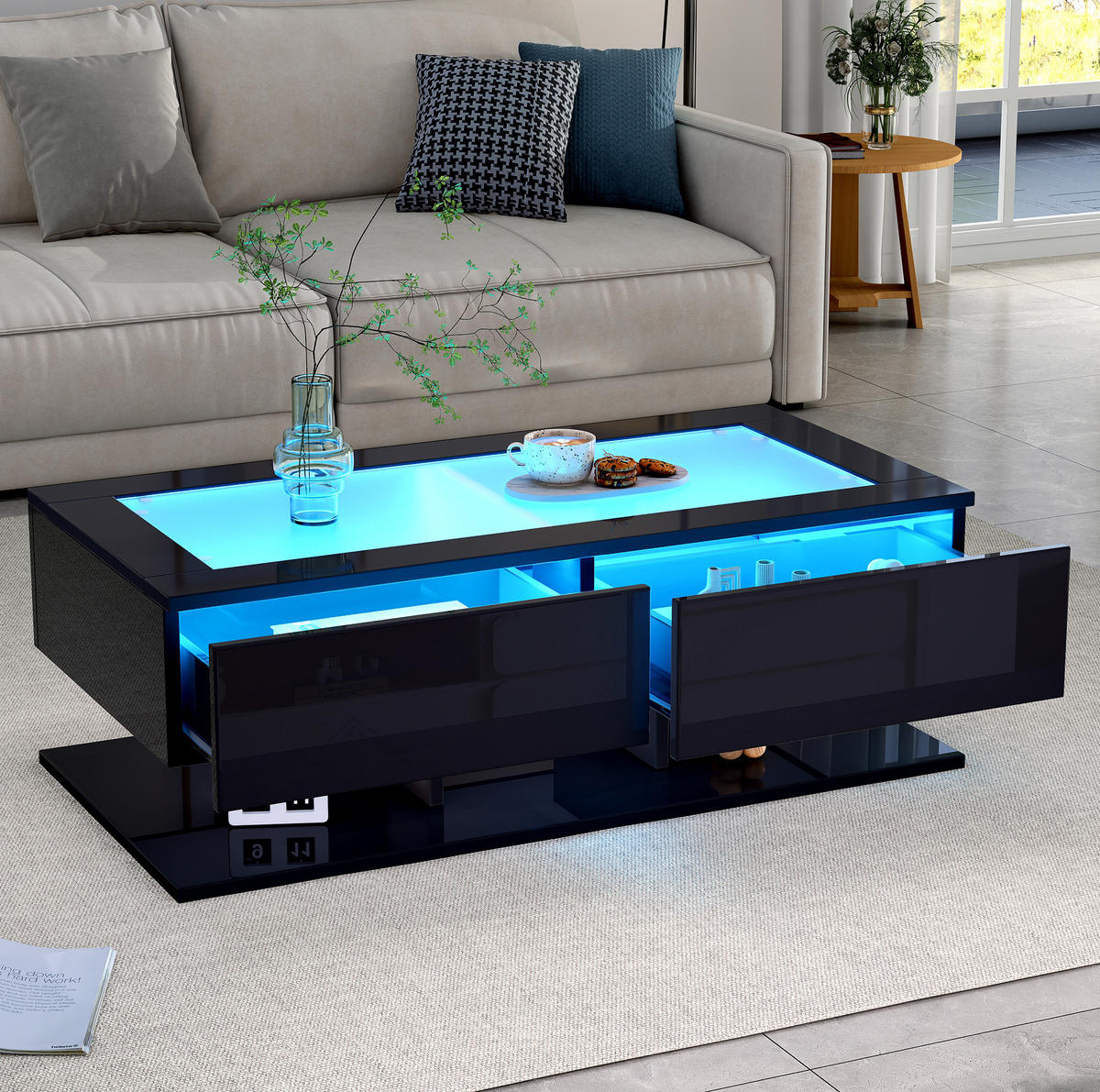 COUCHTISCH 100/50/35 cm in Schwarz mit LED-Beleuchtung und 2 Schubladen - Schwarz, Holzwerkstoff (100/50/35cm) - Flora Grace