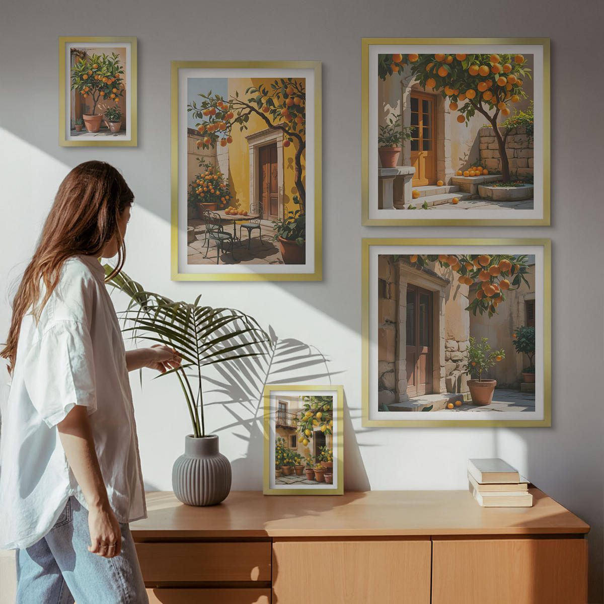 WANDBILDER 5er Set - 50x50 cm & 20x30 cm & 40x60 cm Goldrahmen - Waldnebelporträt einer Frau - Goldfarben, Kunststoff (40/60cm) - ArtPrintCave