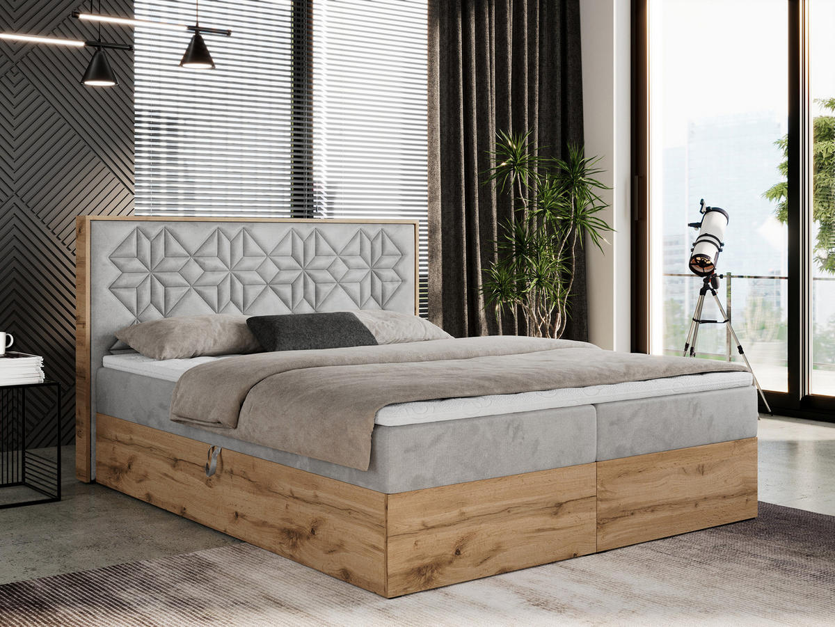 BOXBETT NESSI - 160/200 Hellgrau Velvet - H3 - Hellgrau, Holz/Textil (160/200cm) - MKS
