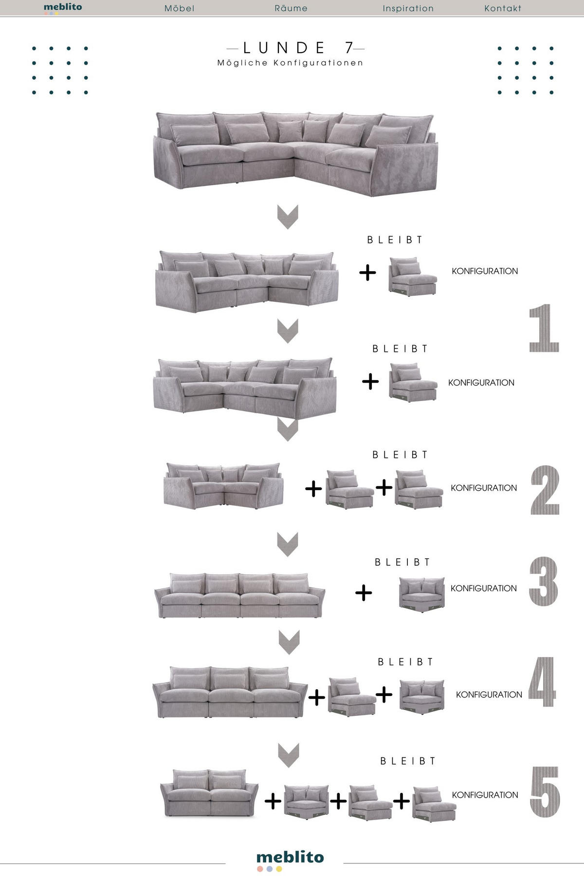 ECKSOFA Modulare Lunde 7, 6 Sitzer, Grau - Grau, Textil (270/270cm) - Meblito