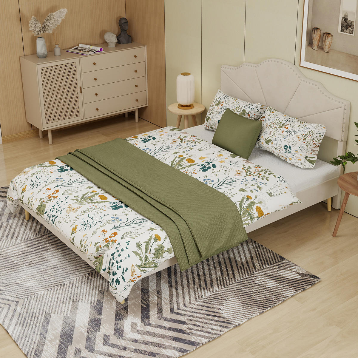 POLSTERBETT 160/200 cm in Beige Stoff mit geometrischem Kopfteil - Beige, Holzwerkstoff/Textil (160/200cm) - WISHDOR