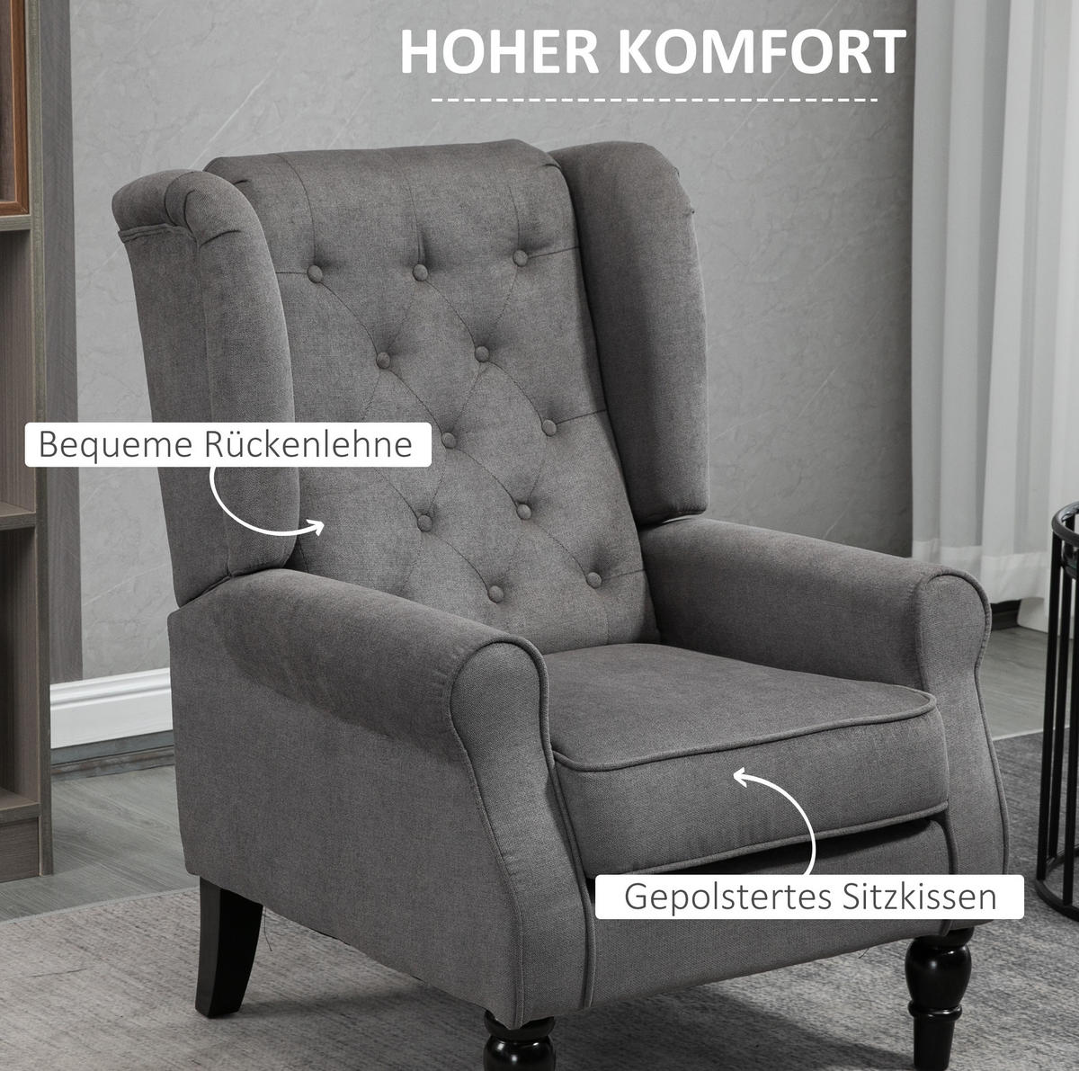 OHRENSESSEL 74/86/102 cm in Dunkelgrau mit Knopfheftung und Holzfüßen - Dunkelgrau, Textil (86/102/74cm) - Flora Grace