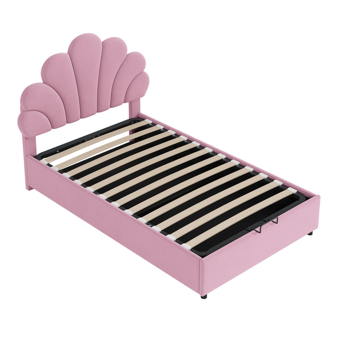 KINDERBETT Polsterbett 90/200 cm aus Samt mit floralem Kopfteil und hydraulischem Stauraum Rosa - Rosa, Textil (90/200cm) - Modenvie