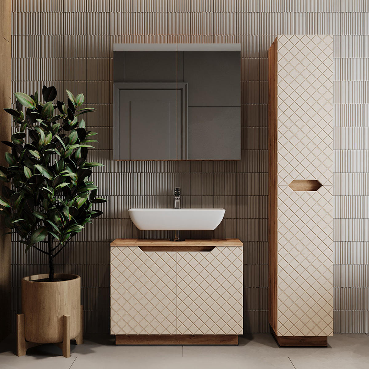 KOUPELNOVÝ NÁBYTEK Lotta Dub/kašmír se strukturou dlaždic - kašmírová, kompozitní dřevo (79.6/62.1/32cm) - Vicco