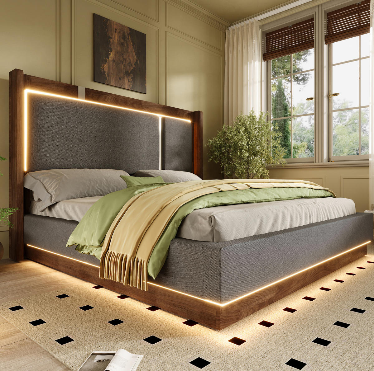 POLSTERBETT 180x200 cm in Grau/Walnuss mit LED-Beleuchtung, Bettkasten und Lattenrost - Grau, Textil (180/200cm) - IVMEU