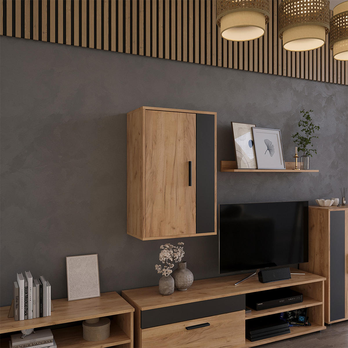 NÁSTĚNNÁ POLICE Berno Zlatý dub power/antracit - medově dubová/antracitová, kompozitní dřevo (50.1/78.4/28.3cm) - Vicco