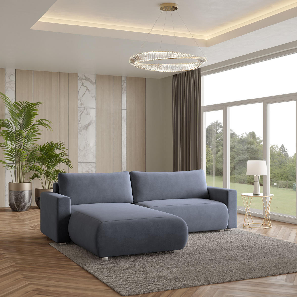 ECKSOFA TURIN M Grau Velours-Stoff mit Schlaffunktion - Grau, Holz (265/183cm) - MASSENO