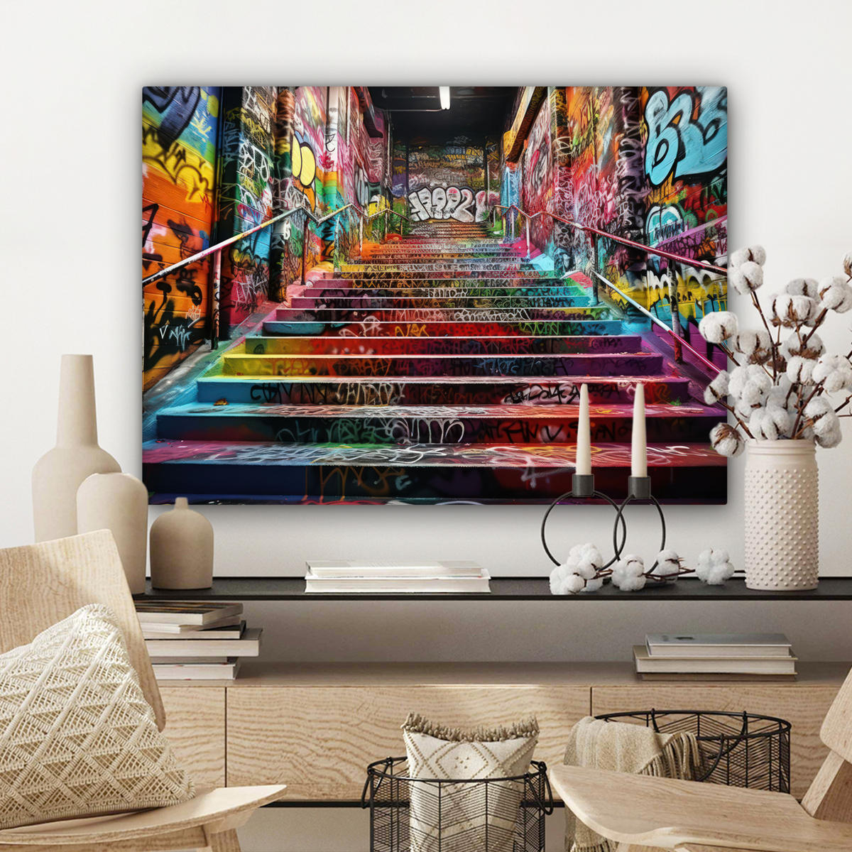 LEINWANDBILD Treppe - Graffiti - Farben - Kunst Wandbilder 80x60 cm - Multicolor, Textil (80/60cm) - MuchoWow