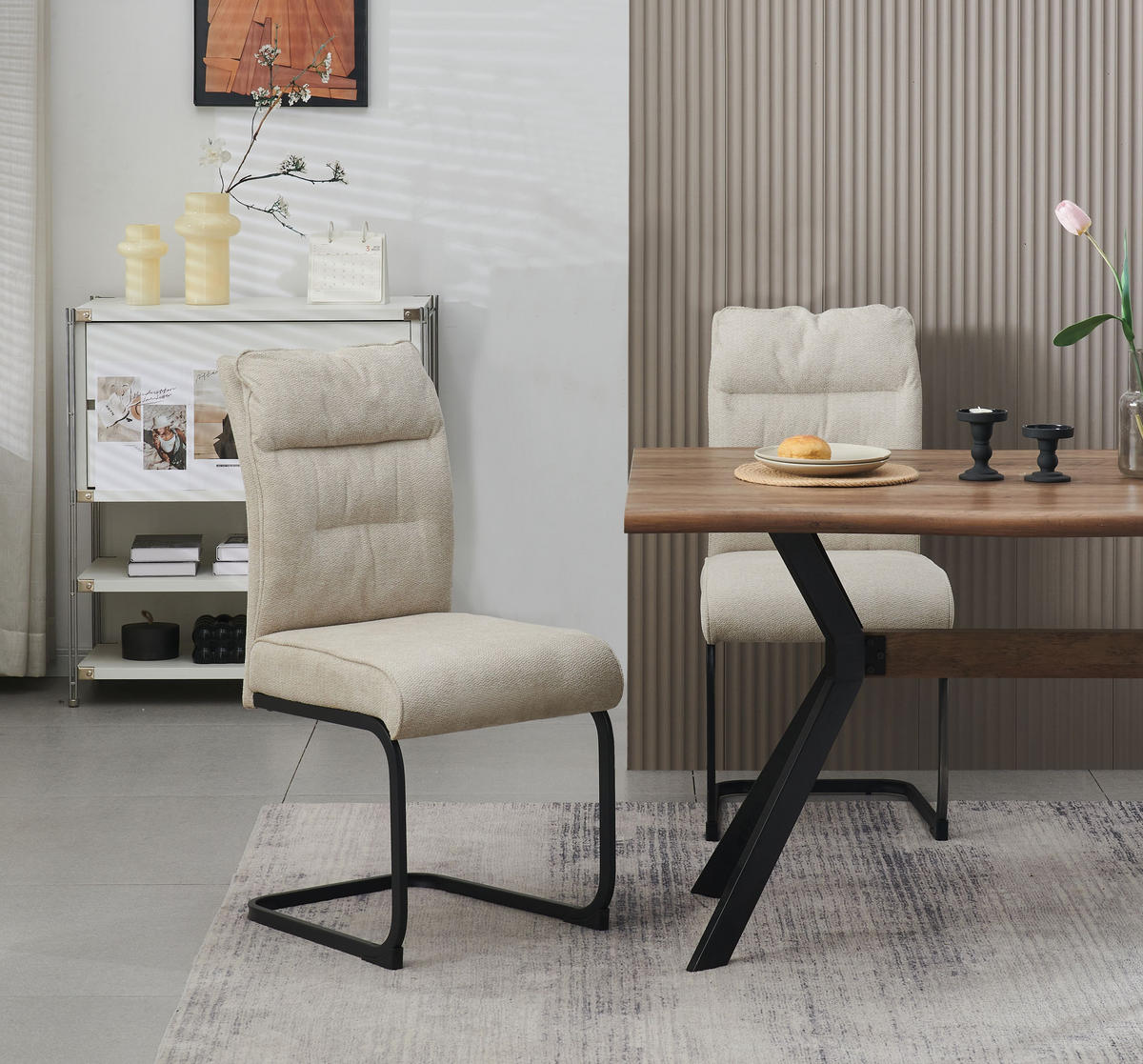 SCHWINGER-STUHL 2er Set Rom Stühle in Creme - gemütliches Design - B/H/T: 47x94x61 cm - Creme, Textil (61/94/47cm)