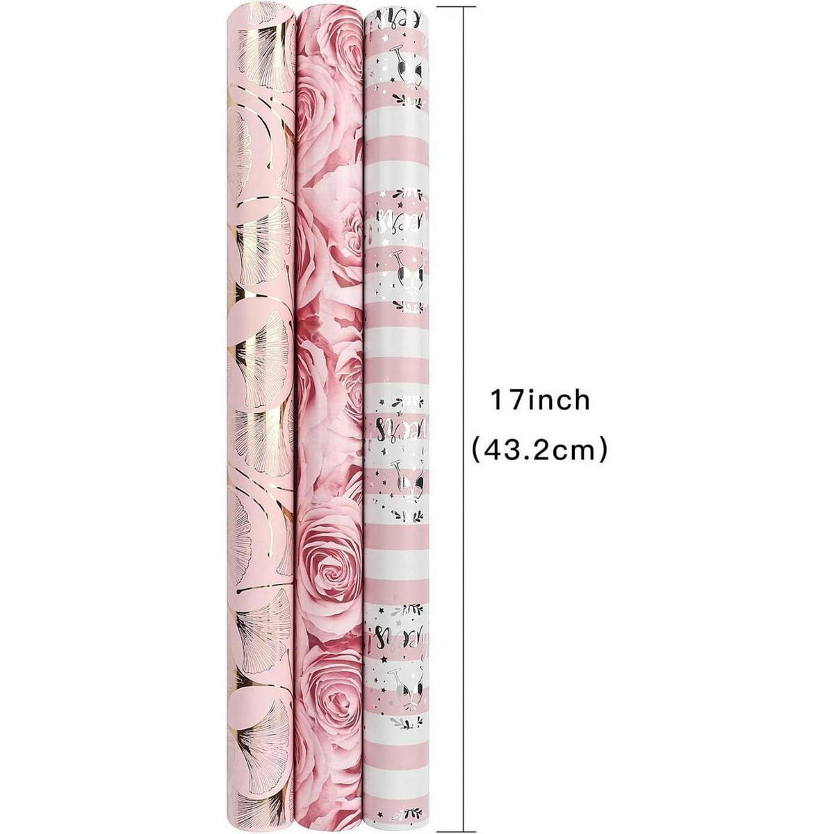 GESCHENKPAPIER 3 Rollen Set Rosa Blumenmuster 43,2 cm x 3,05 m - Multicolor, Papier (6.7/11.8/6.7cm)