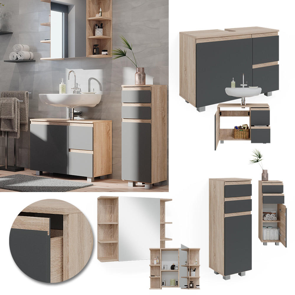BADMÖBEL-SET J-Shape Sonoma 3 Teile, mit Midischrank - Anthrazit/Sonoma Eiche, Holzwerkstoff (80/60/33cm) - Vicco