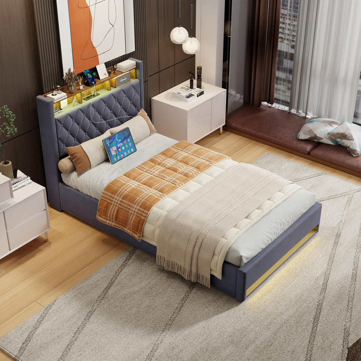 POLSTERBETT 140/200 cm Grau mit LED-Lichtleiste und USB-Anschlüssen - Grau, Holzwerkstoff (140/200cm) - OKWISH