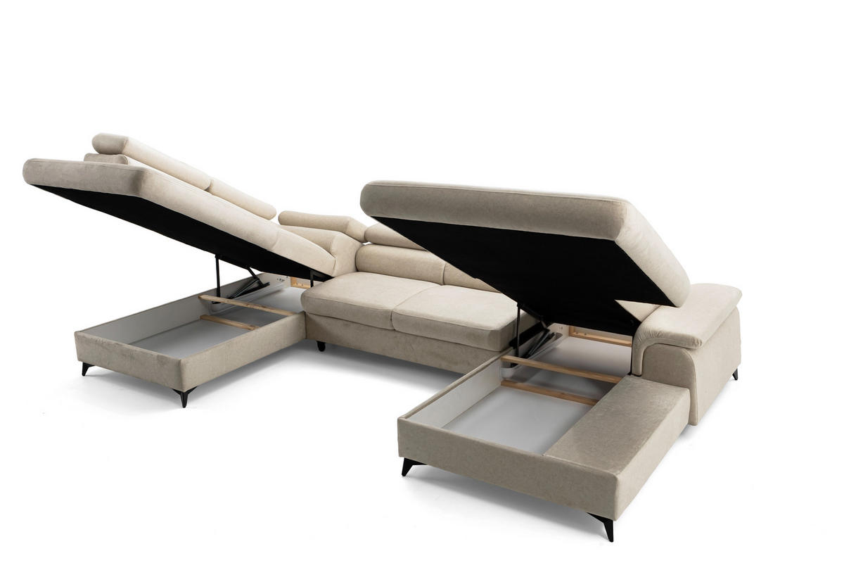 ECKSOFA U-Form PLAZA U Links mit Schlaffunktion 125x256 Velours Beige - Beige/Schwarz, Holz/Kunststoff (350/95/210cm) - Muffo