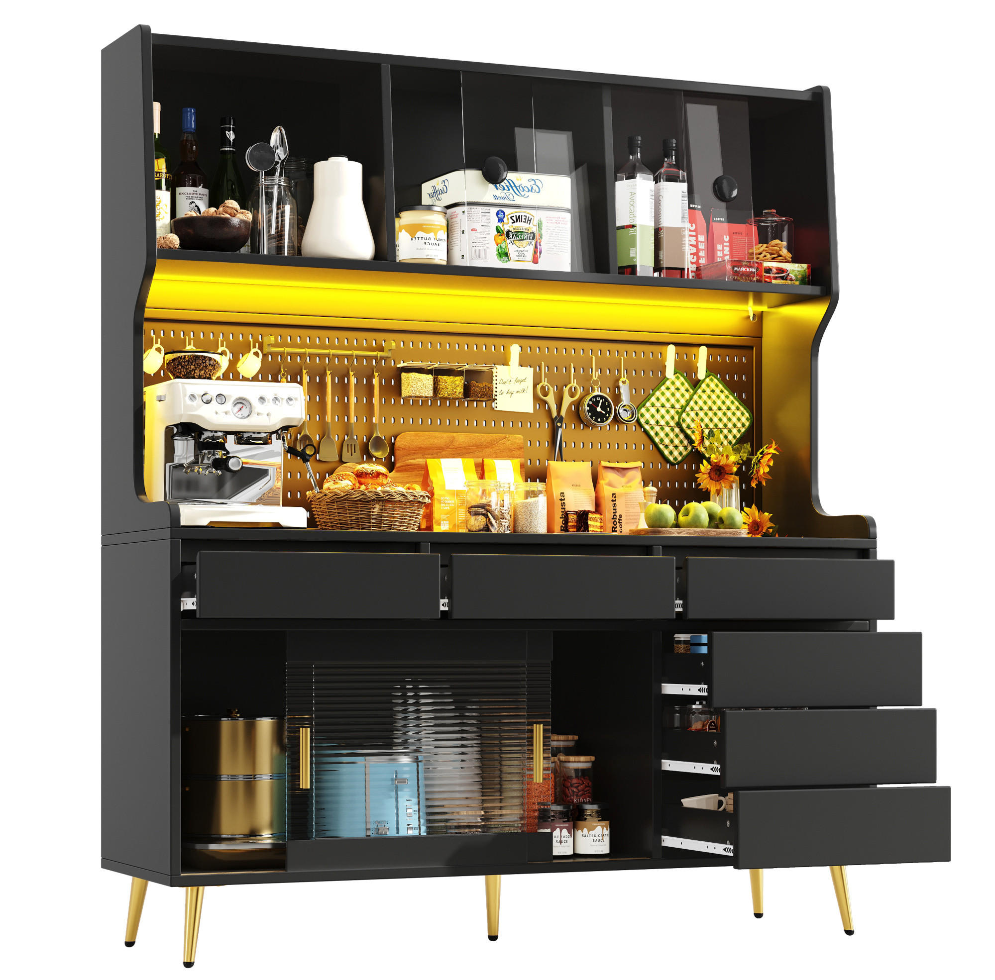 OKWISH VYSOKÁ skříň 145/39/171 cm černá z MDF, kovu a skla s LED osvětlením a posuvnými dveřmi