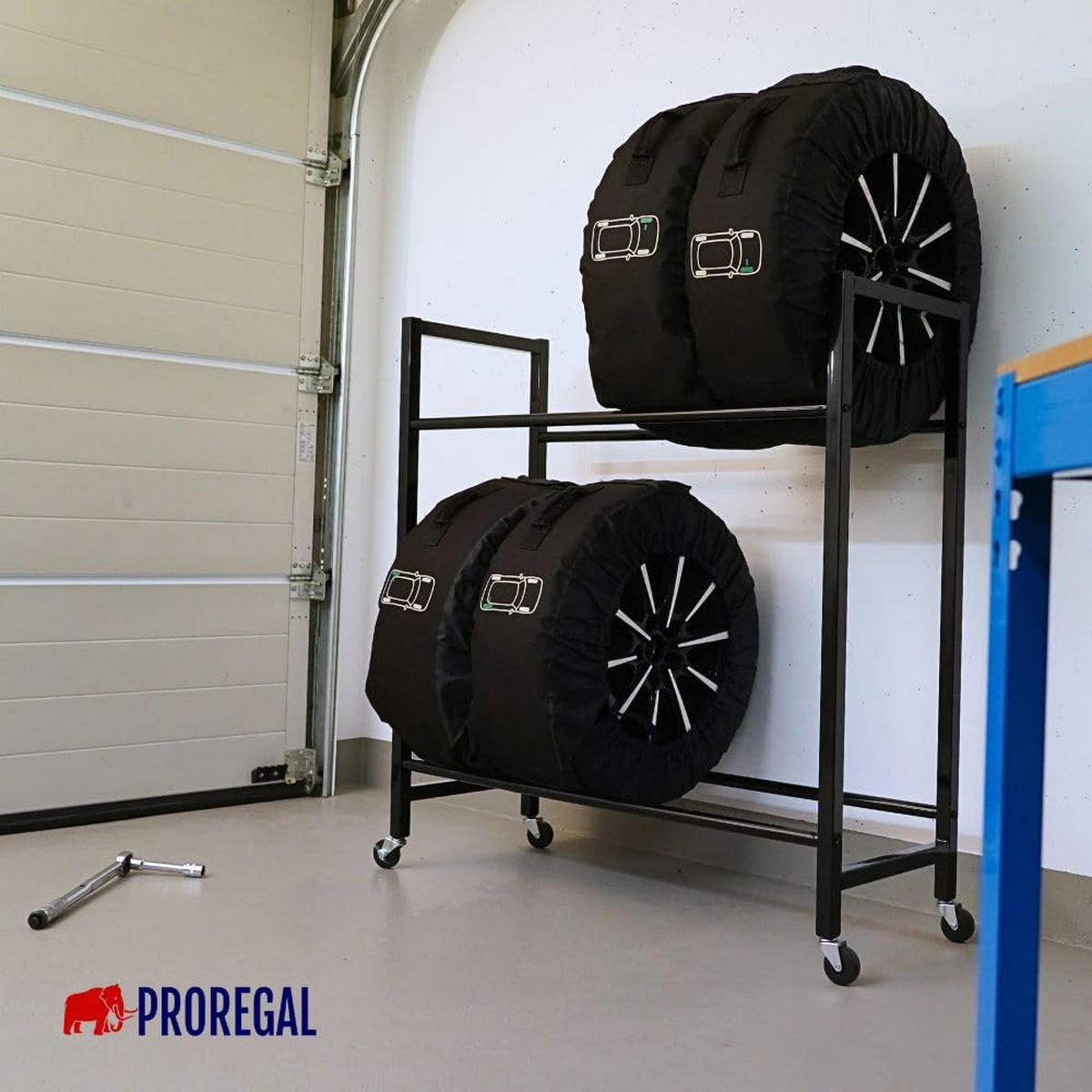 REIFENREGAL Carrero auf Rollen 115x111x40 cm bis zu 8 Reifen auf 2 Ebenen Schwarz - Schwarz, Metall (111/115/40cm) - PROREGAL