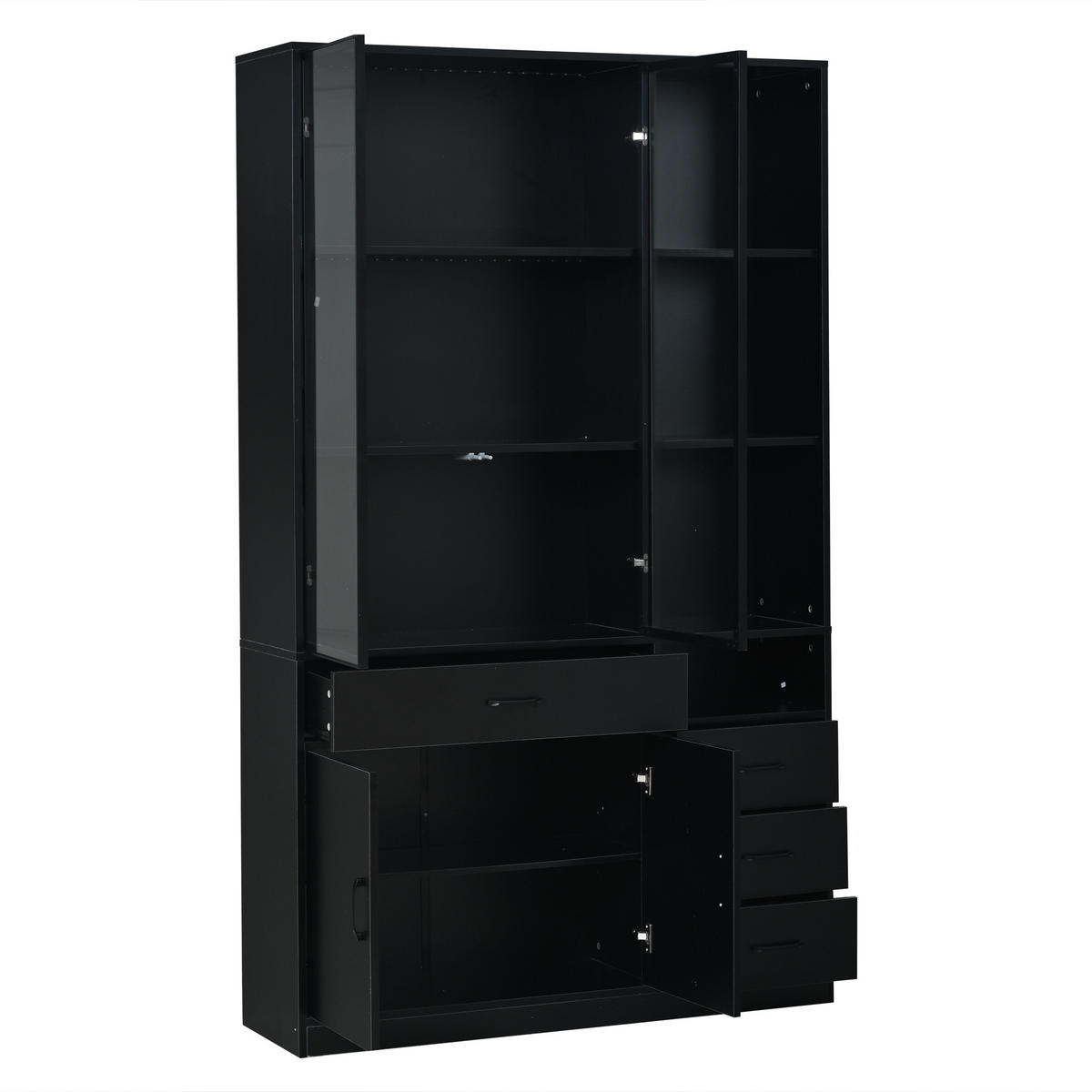 VITRINE LED Hochschrank Glas 120cm 13 Fächer Schwarz - Schwarz, Holzwerkstoff (120/200/35cm) - FLIEKS