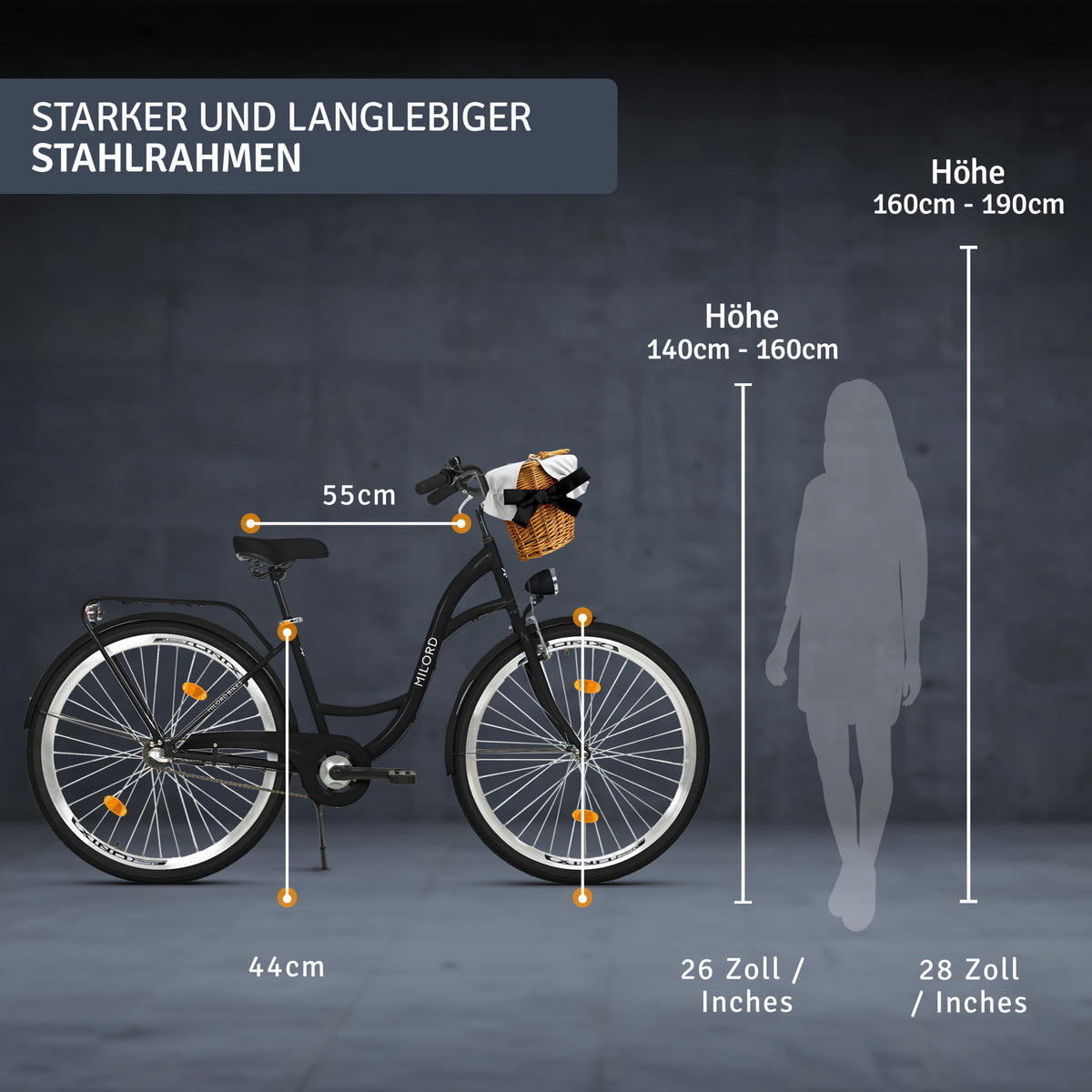 CITY-FAHRRAD Milord mit Weidenkorb, 28 Zoll, Schwarz, 3-Gang - Schwarz, Metall (46cm) - Milordbikes