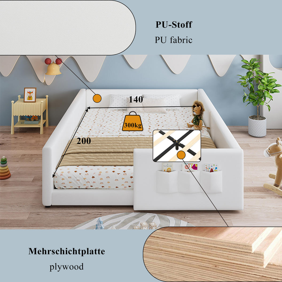 KINDERBETT 140/200 cm in Weiß mit 3 Stautaschen und Umrandung - Weiß, Holzwerkstoff/Textil (140/200cm) - STILVORA