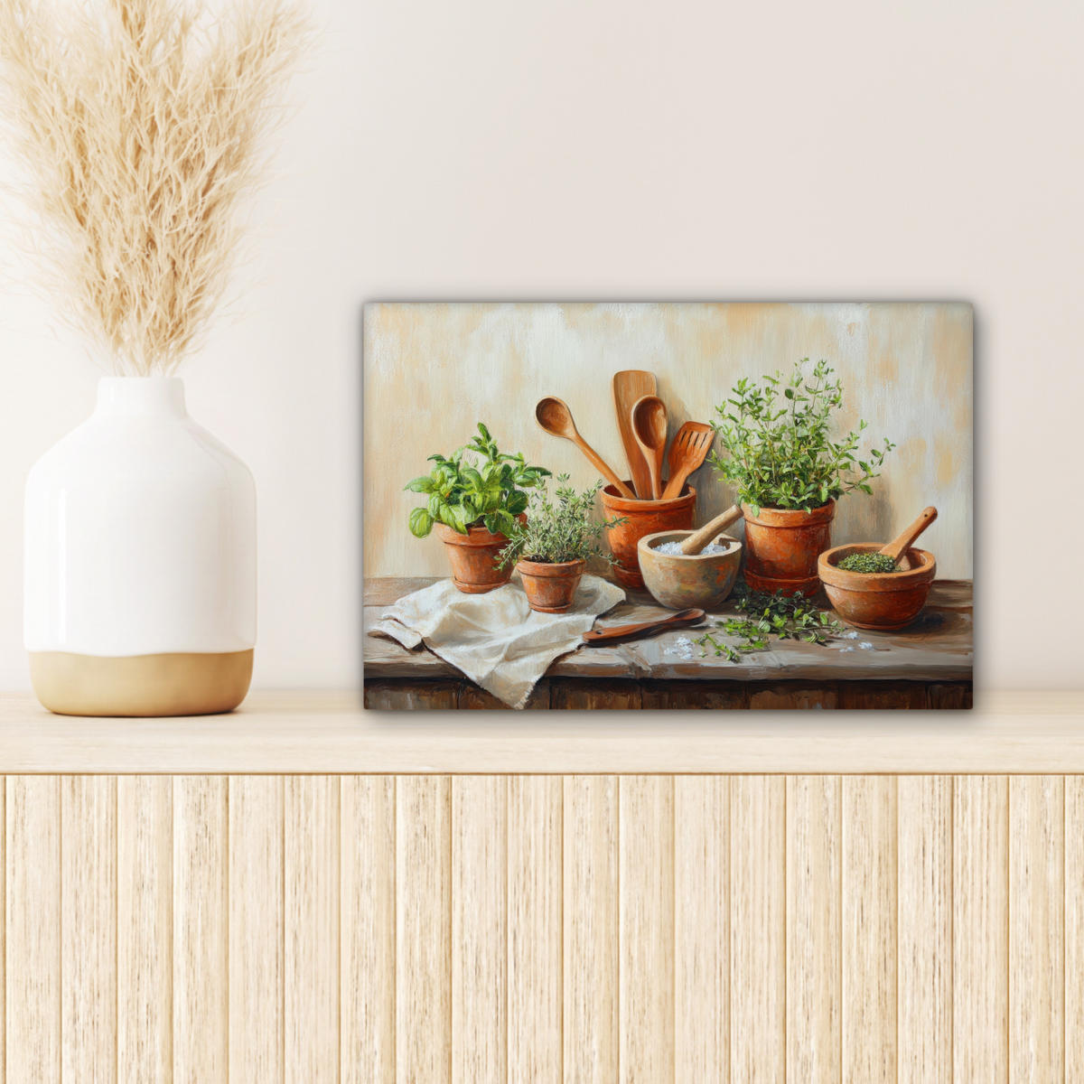 LEINWANDBILD Töpfe - Kräuter - Holz Deko Schlafzimmer 30x20 cm - Terracotta, Textil (30/20cm) - MuchoWow