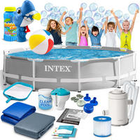 POOL SET 305 x 76 cm, 15in1 - 26702 + gratis Seifenblasenmaschine - Grau, Textil (305/76cm)