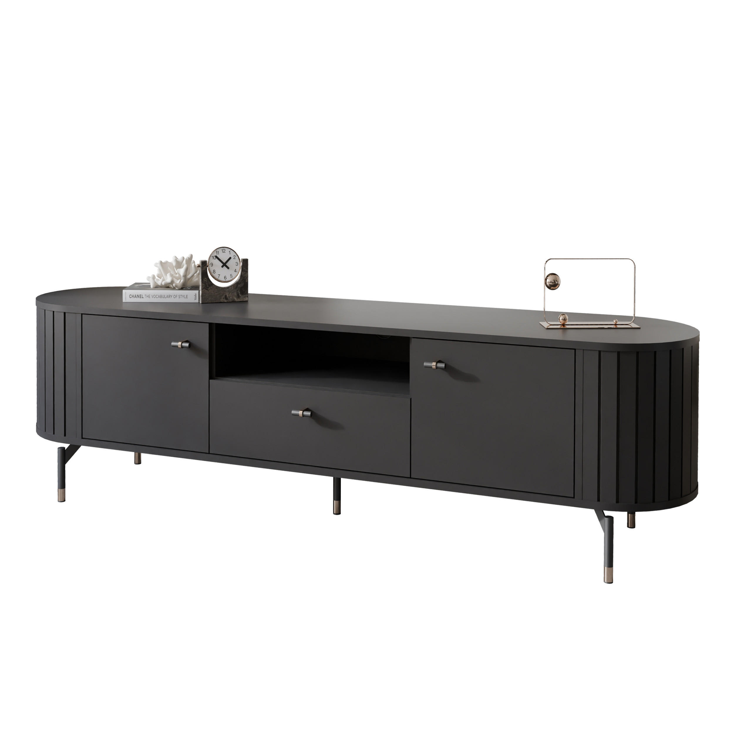 TV-LOWBOARD geriffelt, mit Schublade, Schwarz - Schwarz, Holzwerkstoff (180/49/40cm) - Idohome
