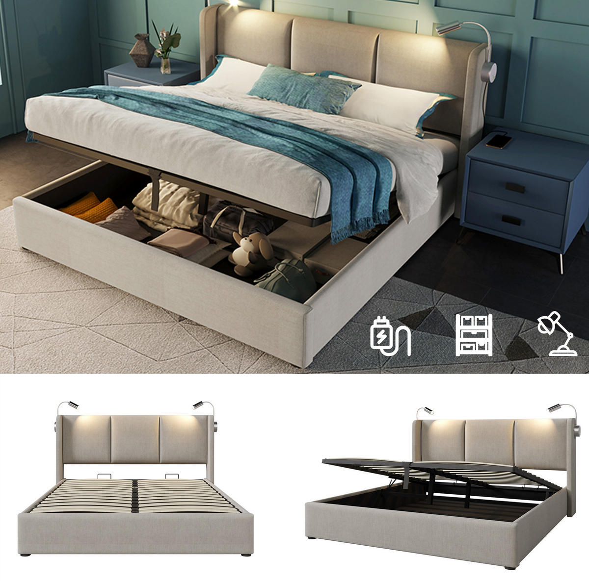 ČALÚNENÁ posteľ z ľanu 160x200 cm béžová s LED lampou, USB nabíjaním a úložným priestorom - béžová, textil (160/200cm) - Modfu
