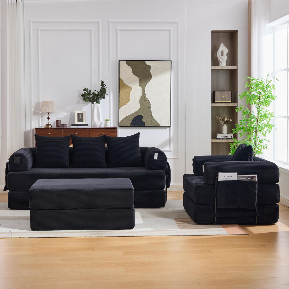 3-SITZER aus Cord 200x94x67 cm Schwarz mit Hocker, Metallgestell, Seitentasche und frei kombinierbaren Modulen - Schwarz, Textil (200/67/190cm) - Modfu