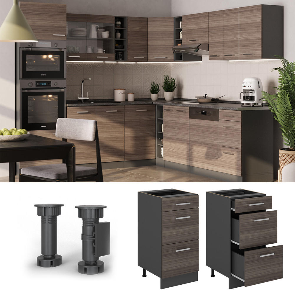 KÜCHENUNTERSCHRANK R-Line Edelgrau 40 cm mit Schubladen, AP Marmor - Anthrazit/Braun, Holzwerkstoff (40/81.6/60cm) - Vicco