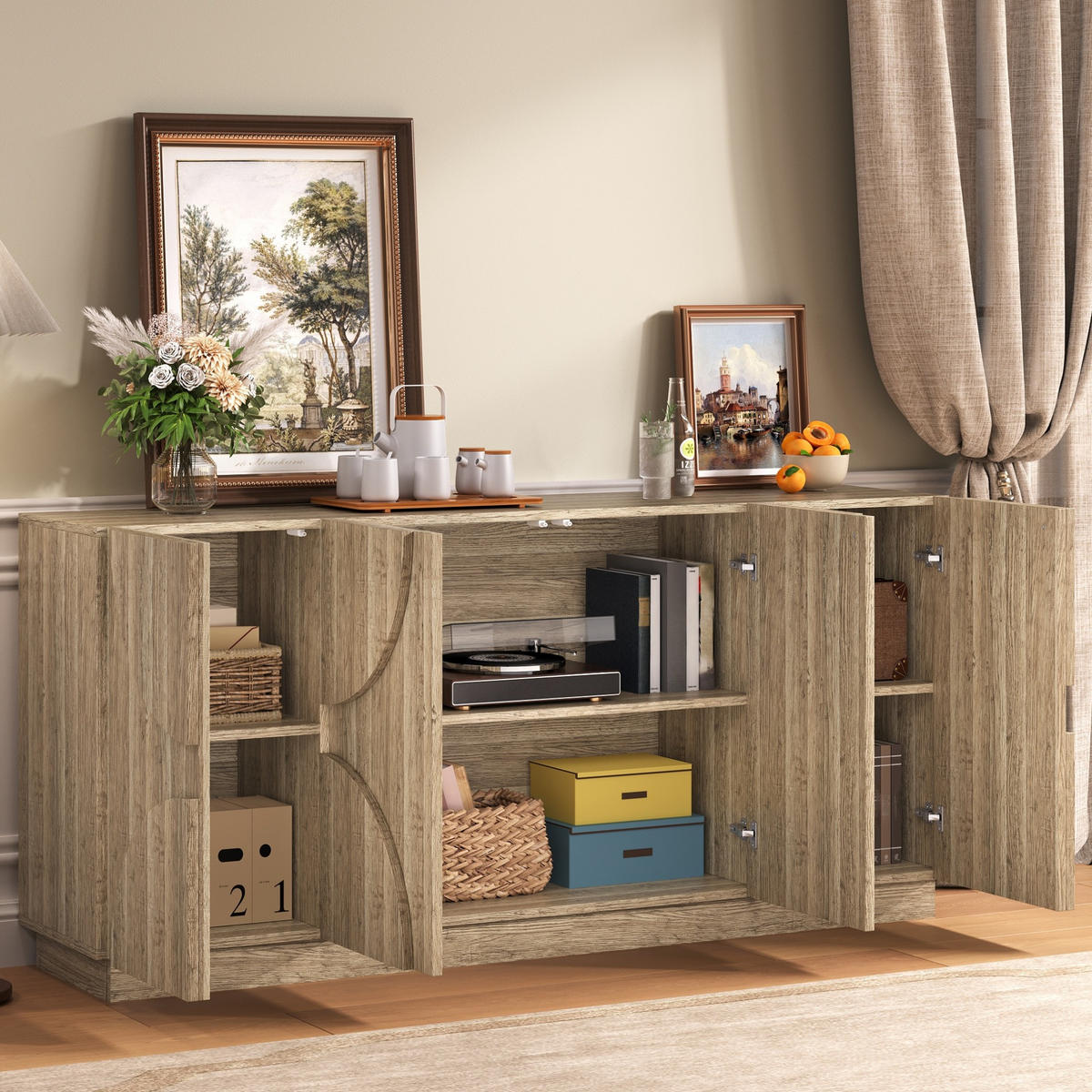 SIDEBOARD in Natur mit Türen und verstellbaren Einlegeböden, Spanplatte, skandinavisch, 160/40/80 cm, Holzoptik，Naturfarben - Naturfarben, Holzwerkstoff (160/80/40cm) - Redom