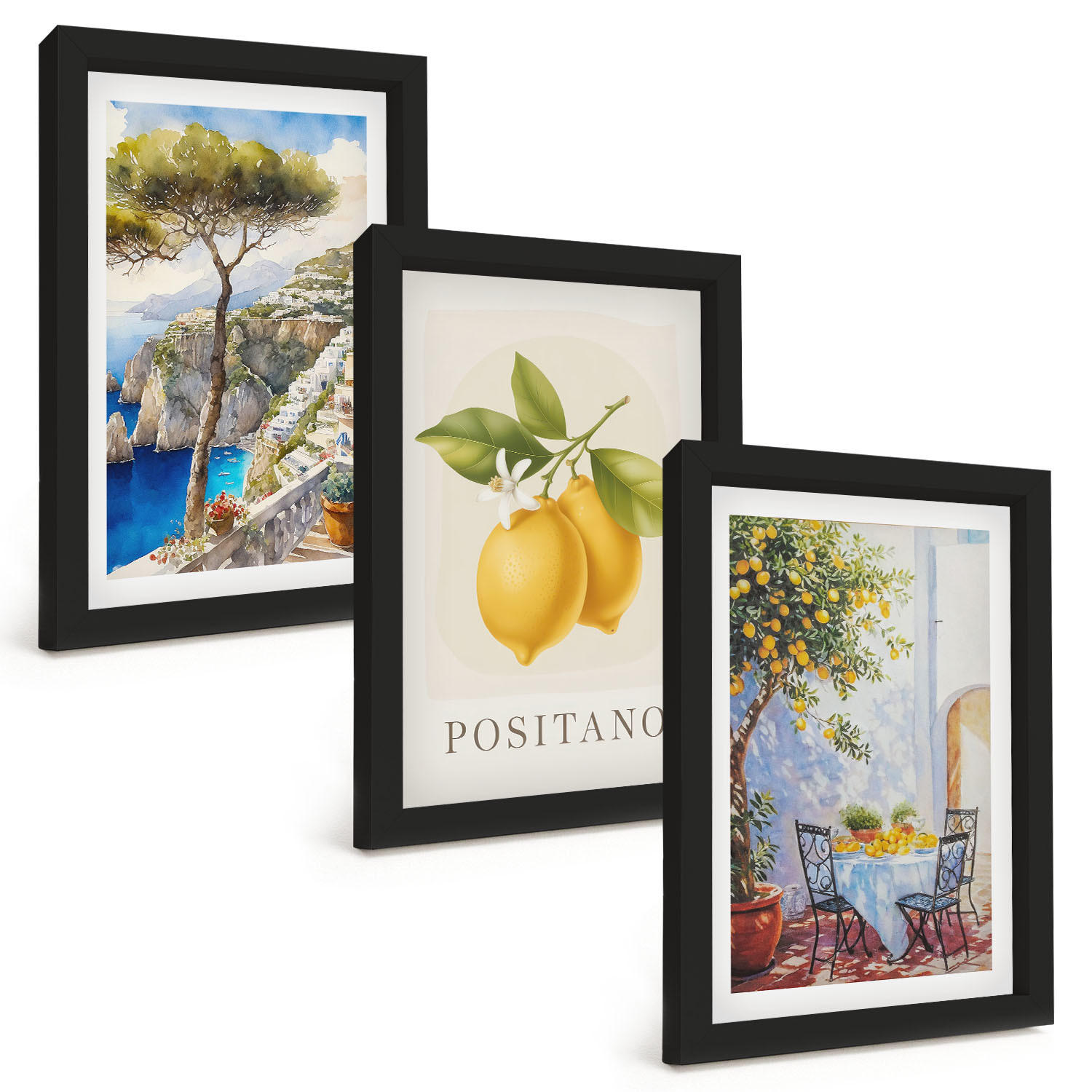 BILDER SET 3er Set - 20x30 cm Schwarzer Rahmen - Ansichten von Positano mit Zitronen - Schwarz, Kunststoff (20/30cm) - TULUP