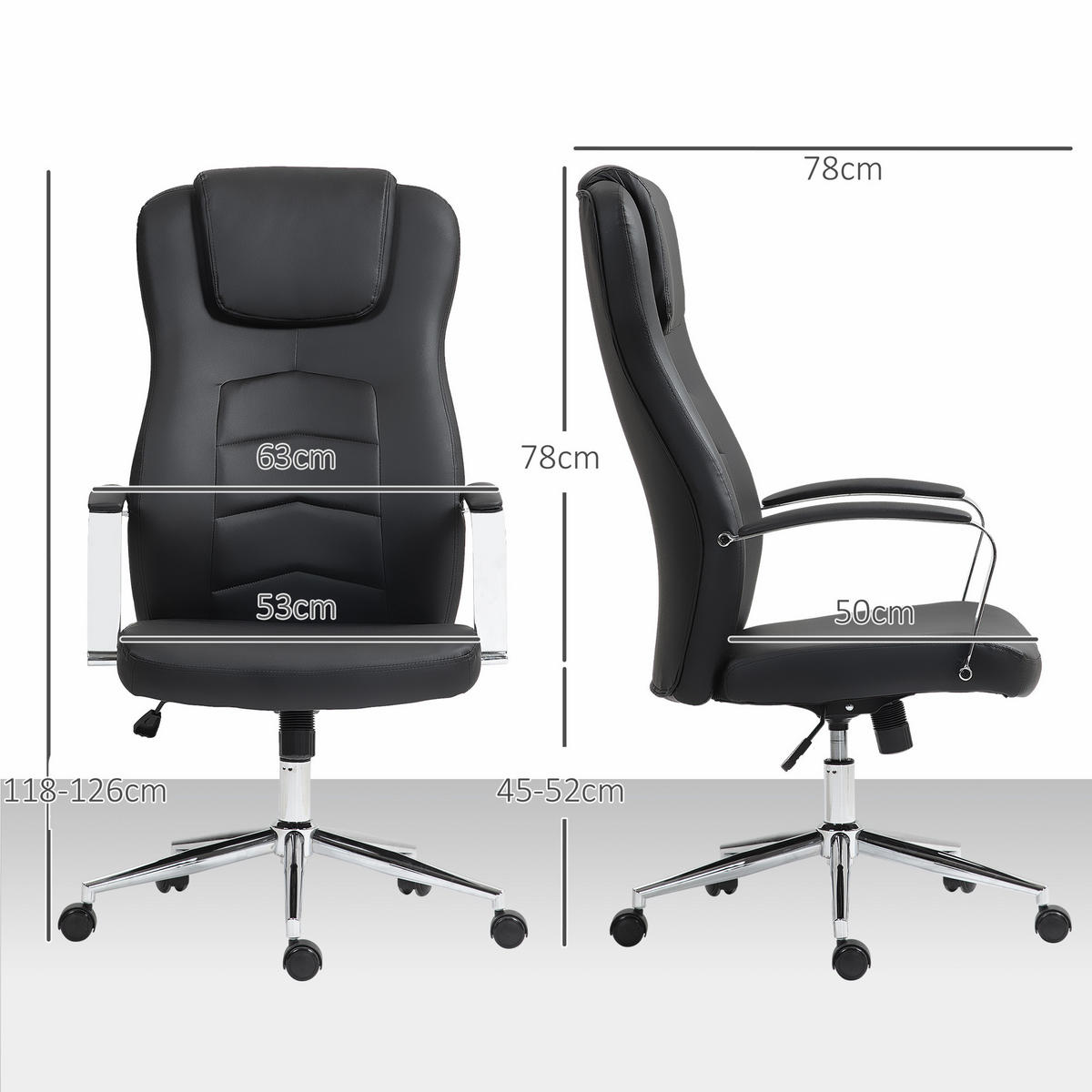 BÜROSTUHL mit Kippfunktion, Schwarz - Schwarz, Leder (78/126/64cm) - HOMCOM