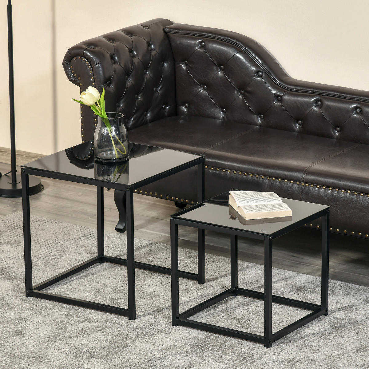 BEISTELLTISCH-SET, Stahl, Glas, Schwarz - Schwarz, Metall (50/50/52cm) - HOMCOM