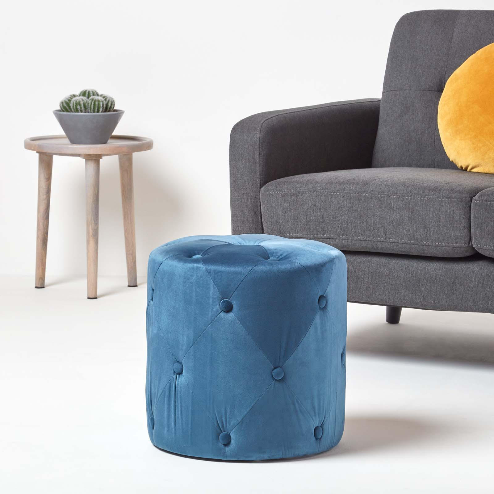 SAMT-POUF Windsor blau, runder Hocker 40/40/40 cm - Dunkelblau, Textil (40/40/40cm) - Homescapes