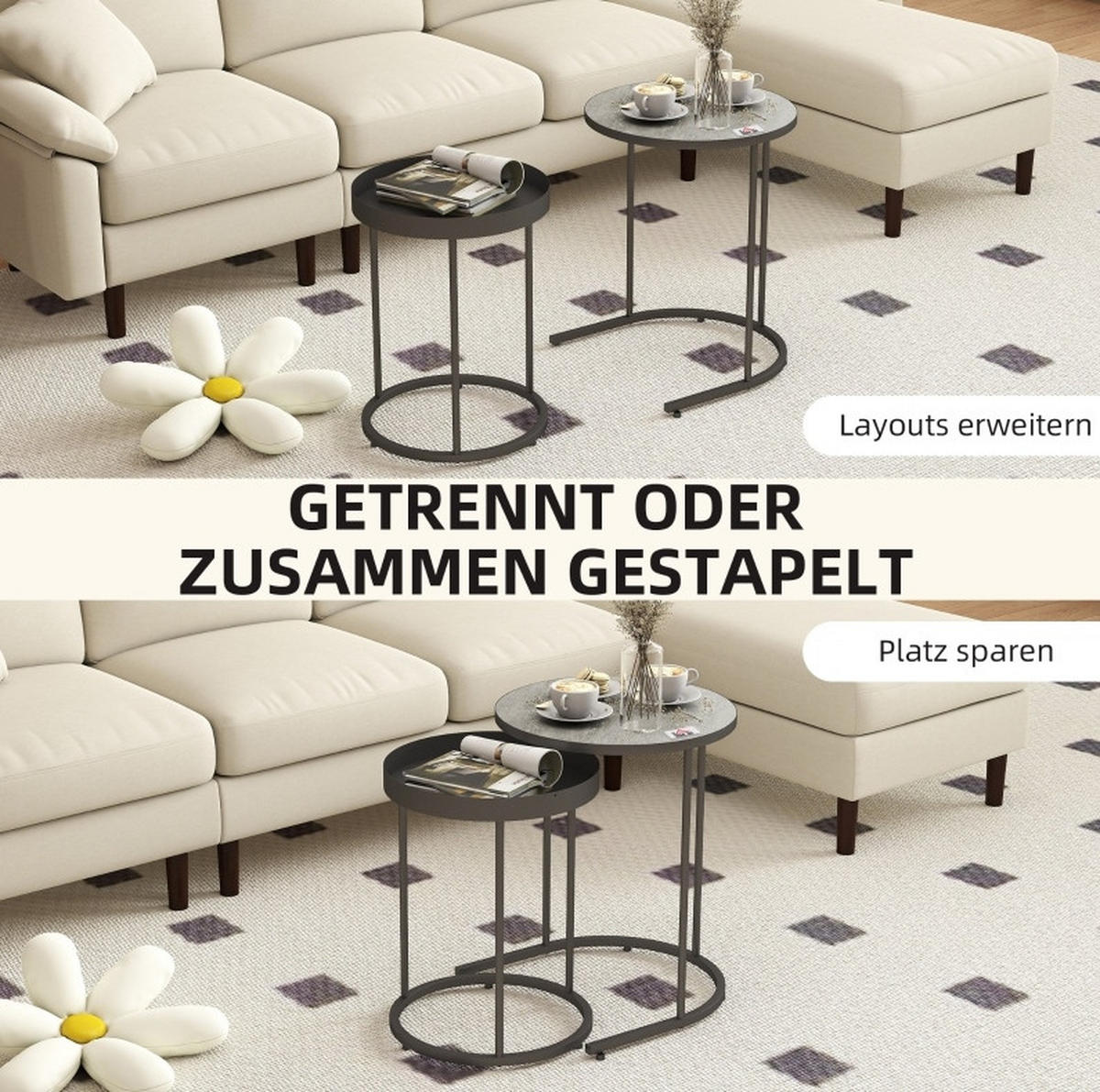 COUCHTISCH-SET 2-teilig 42/36,5 cm mit Ablagekante in Grau/Schwarz - Grau, Metall (42/42/54cm) - BEAOK