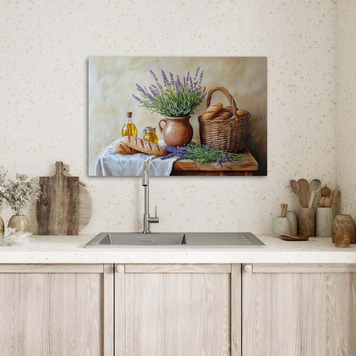 LEINWANDBILD Lavendel - Brot - Stilleben Gemälde 60x40 cm - Flieder, Textil (60/40cm) - MuchoWow