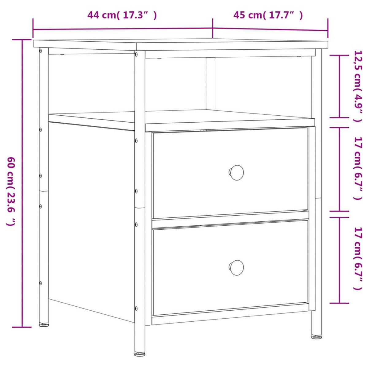 NACHTTISCH 2-teilig mit 2 Schubladen 44/45/60 cm aus Holzwerkstoff in Sonoma-Eiche Dekor - Schwarz/Sonoma Eiche, Holz/Metall (44/60/45cm) - vidaXL