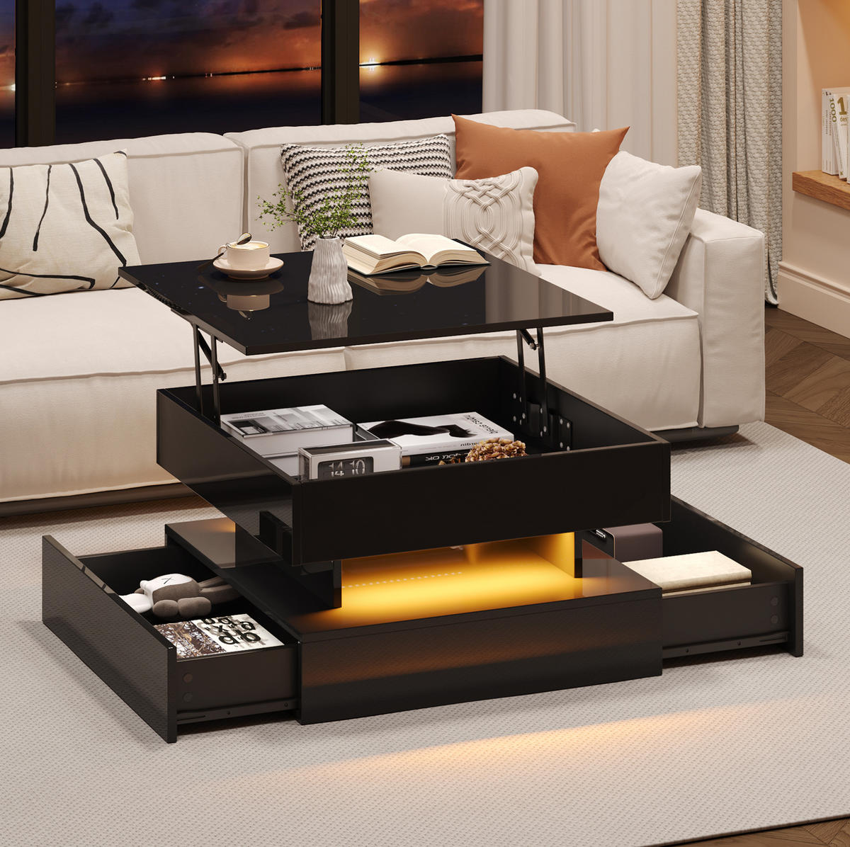 COUCHTISCH 65/65/38,5 cm in Schwarz aus Spanplatte mit LED-Licht und Stauraum - Schwarz, Holzwerkstoff (65/65/38.5cm) - OKMYHOME