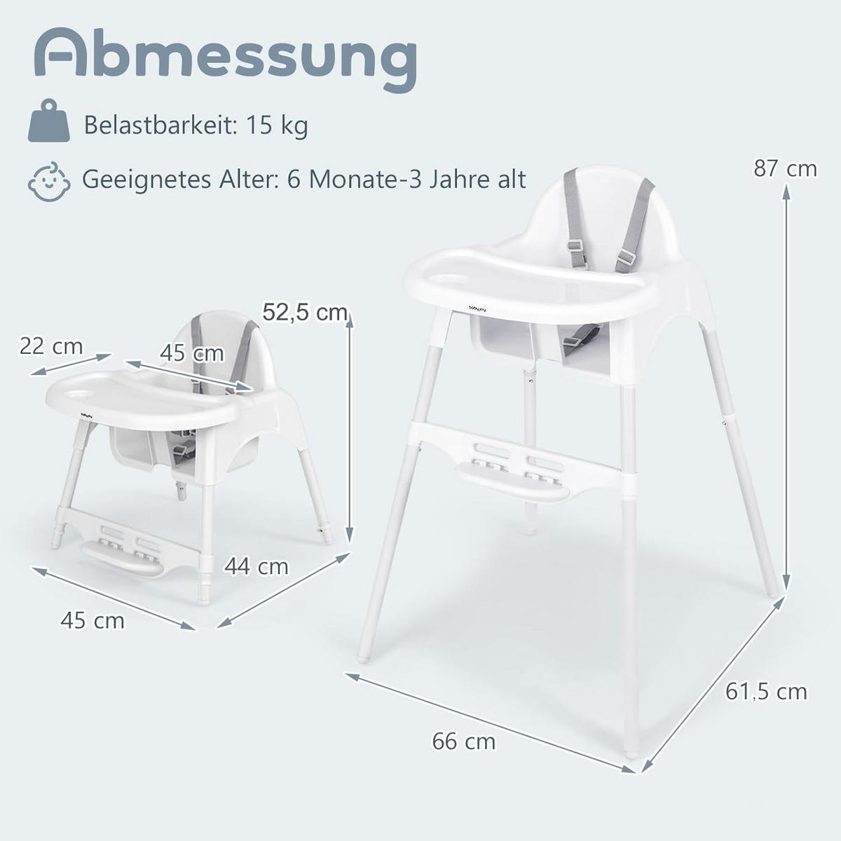BABYHOCHSTUHL Weiß - Weiß, Kunststoff (61.5/87/66cm) - COSTWAY