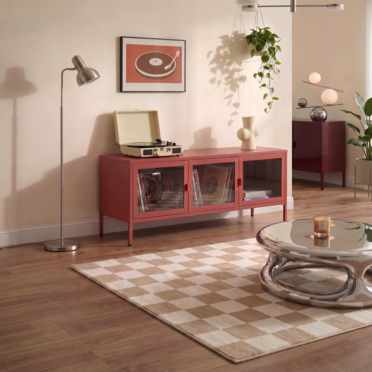 TV-STÄNDER Metall industriell EZRA, 130 cm, 3 Türen, Terrakotta und Sicherheitsglas - Terracotta, Metall (130/55/40cm) - Sicaan