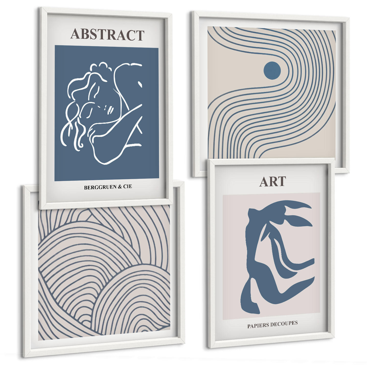 BILDER SET 4er Set - 50x50 cm & 40x60 cm Weißer Rahmen - Poster mit abstrakten Linien und Wellen - Weiß, Kunststoff (50/50cm) - TULUP
