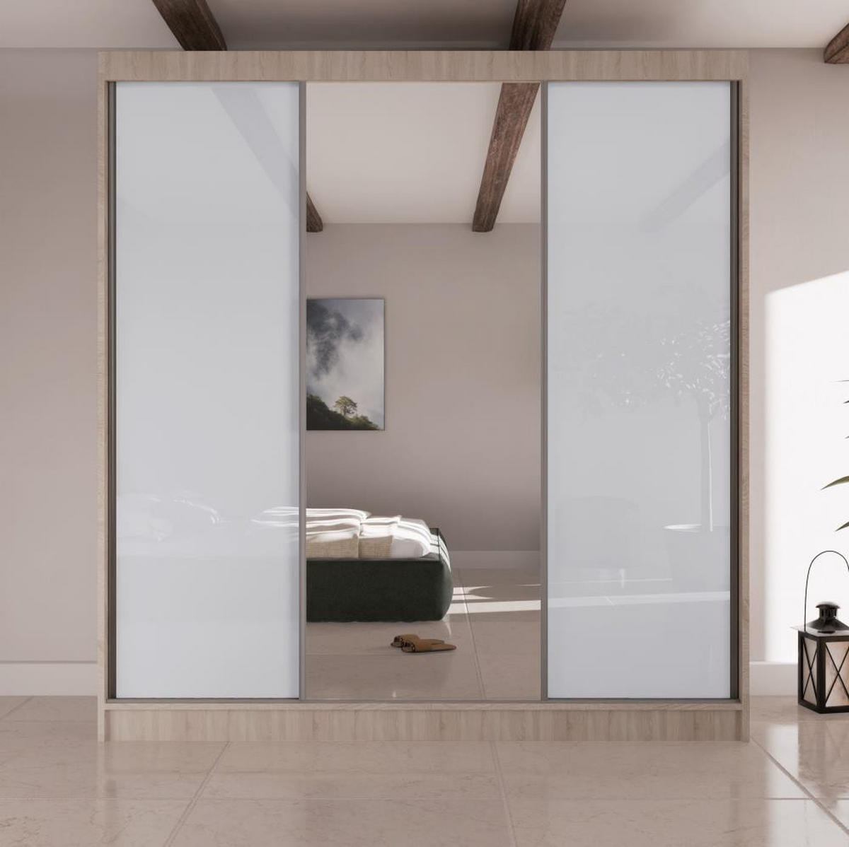 SCHWEBETÜRENSCHRANK Velis II 200/61/215 eiche sonoma+weiß - Weiß/Sonoma Eiche, Holzwerkstoff (200/215/61cm) - Beautysofa