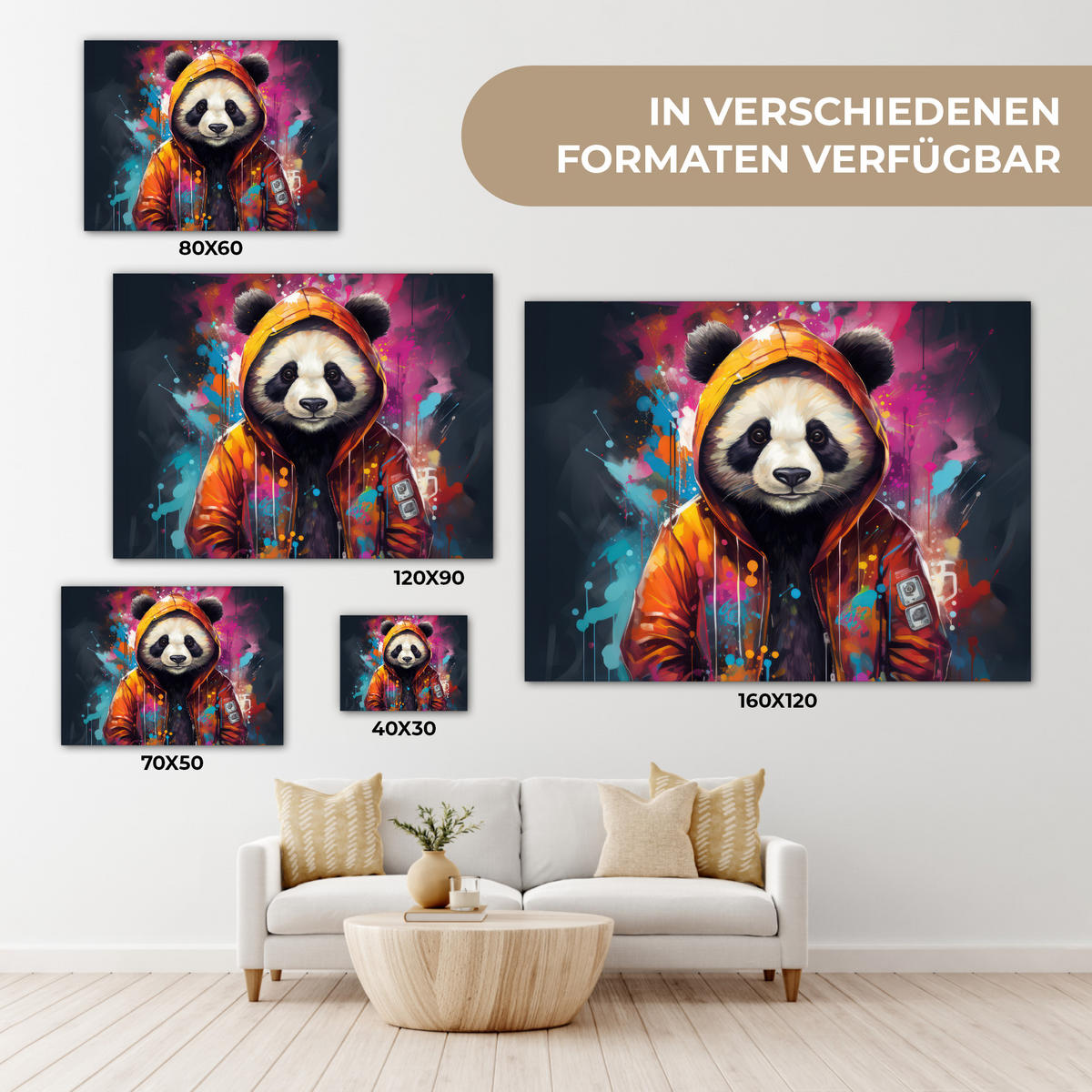 LEINWANDBILD Panda - Jacke - Graffiti - Orange 40x30 cm - Orange, Textil (40/30cm) - MuchoWow