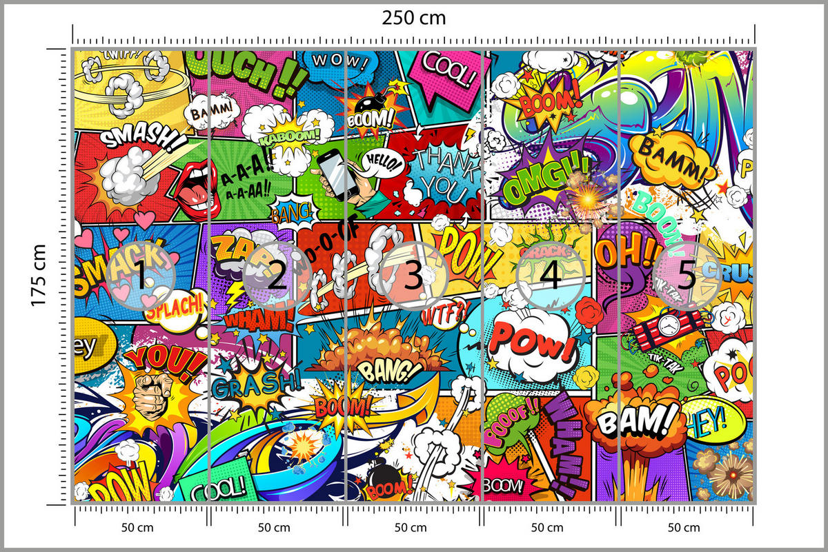 FOTOTAPETA Pre Študentskú Izbu Komiks Farebné Texty Dym Pery 250 x 175 cm - lila/oranžová, papier (250/175cm) - Muralo